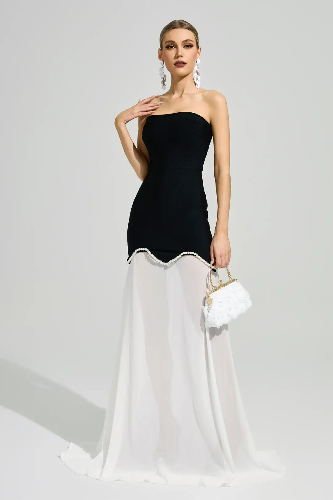 Black White Strapless Pearl Trim Chiffon Maxi Dress