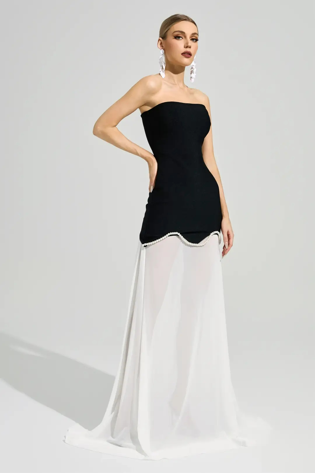 Black White Strapless Pearl Trim Chiffon Maxi Dress