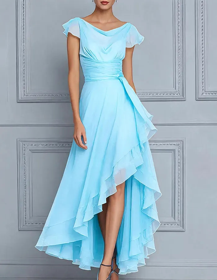 Plum Cowl Flutter Sleeve Asymmetrical Ruffle Chiffon Maxi Dress