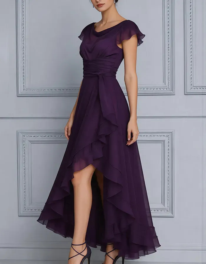 Plum Cowl Flutter Sleeve Asymmetrical Ruffle Chiffon Maxi Dress