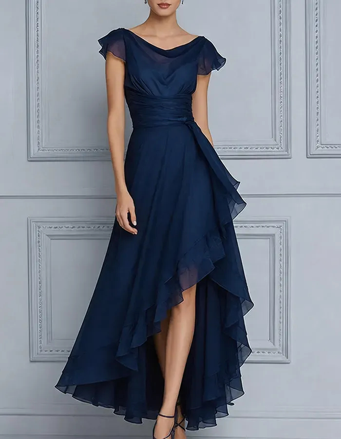 Plum Cowl Flutter Sleeve Asymmetrical Ruffle Chiffon Maxi Dress
