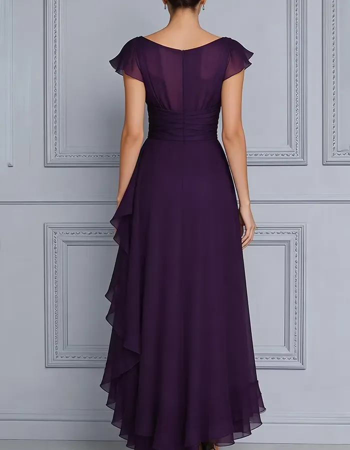 Plum Cowl Flutter Sleeve Asymmetrical Ruffle Chiffon Maxi Dress