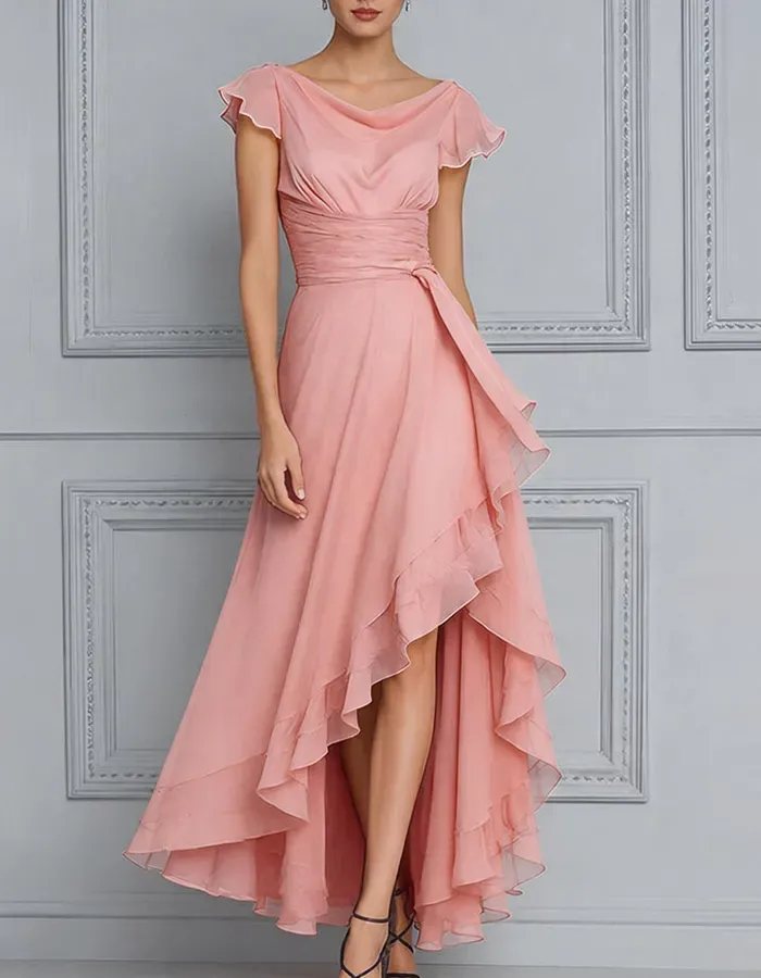Plum Cowl Flutter Sleeve Asymmetrical Ruffle Chiffon Maxi Dress
