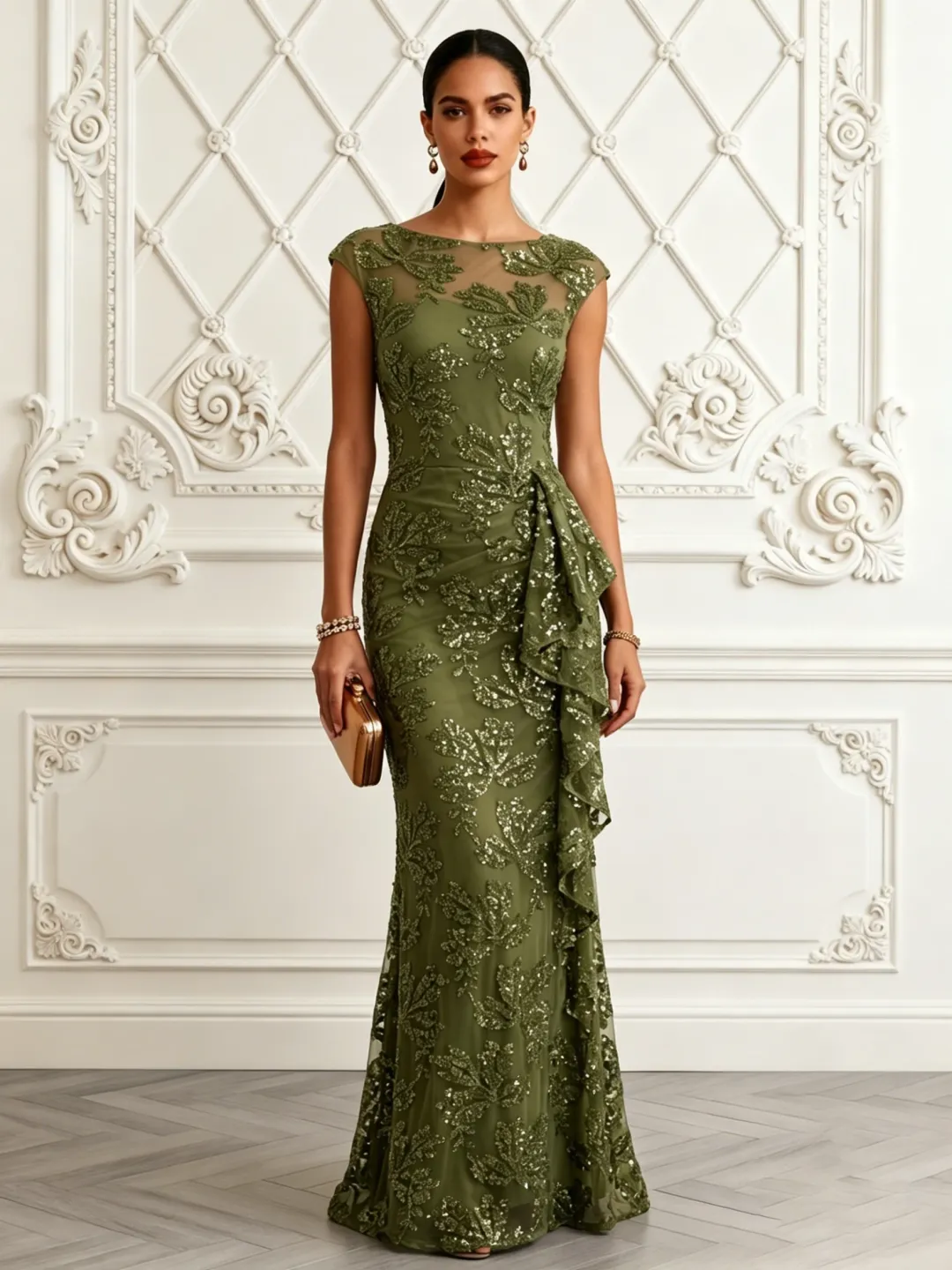 Olive Green Cap Sleeve Leaf Sequin Mesh Ruffle Mermaid Maxi Dress