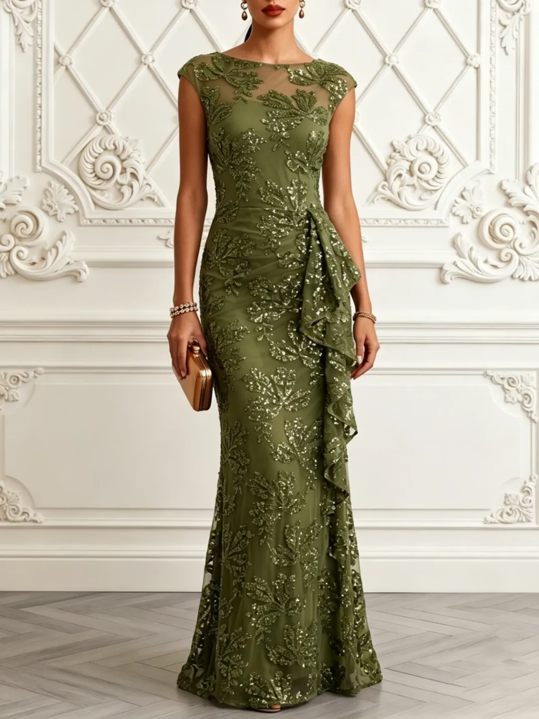 Olive Green Cap Sleeve Leaf Sequin Mesh Ruffle Mermaid Maxi Dress