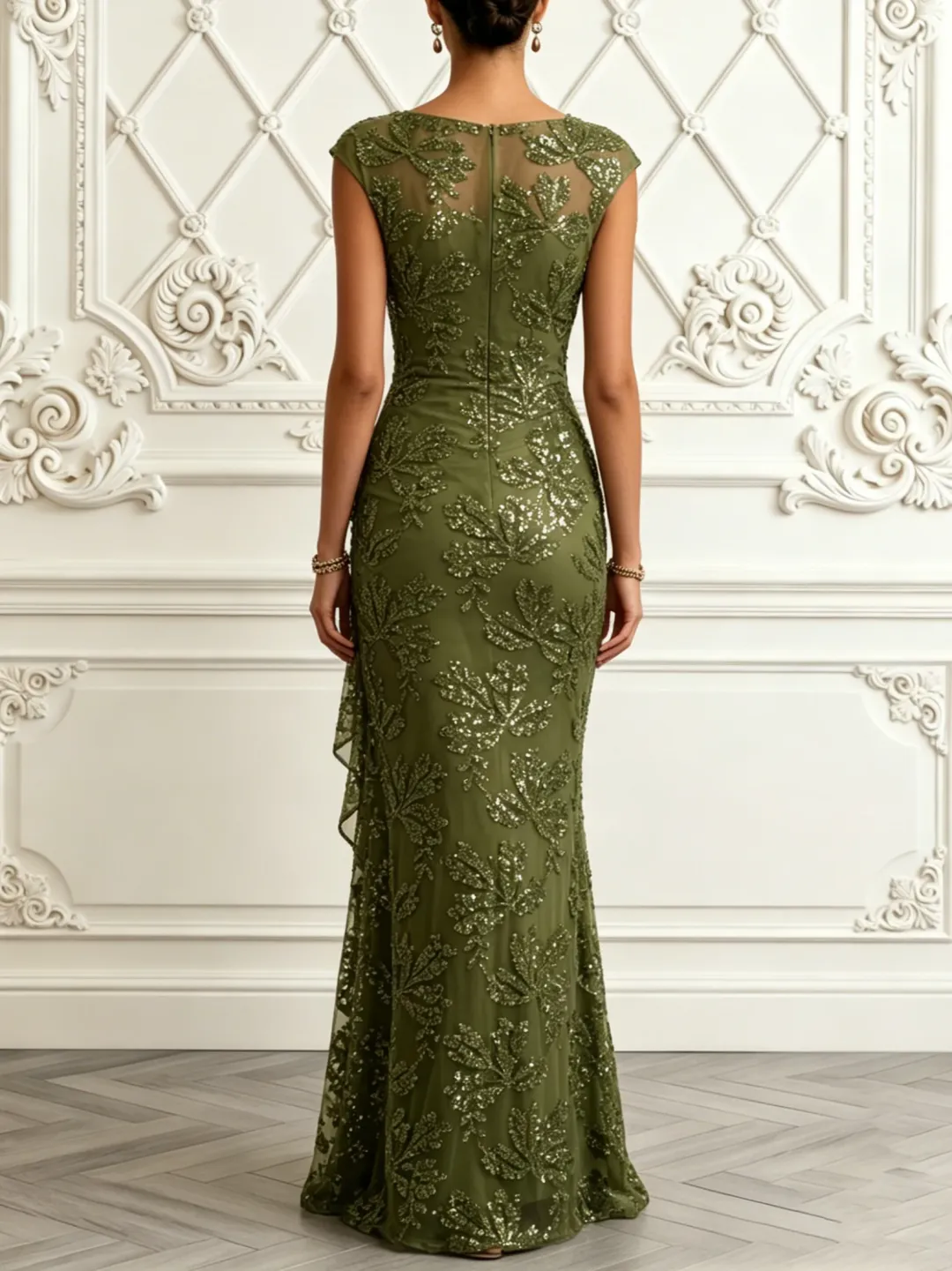 Olive Green Cap Sleeve Leaf Sequin Mesh Ruffle Mermaid Maxi Dress