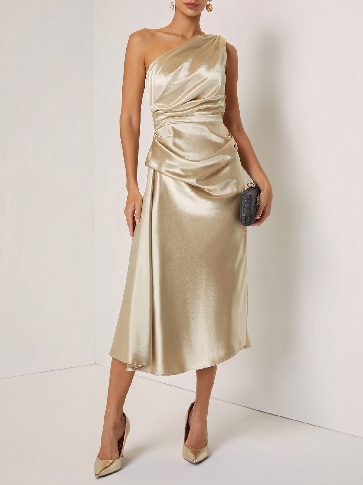 Champagne One Shoulder Draped Satin Midi Dress