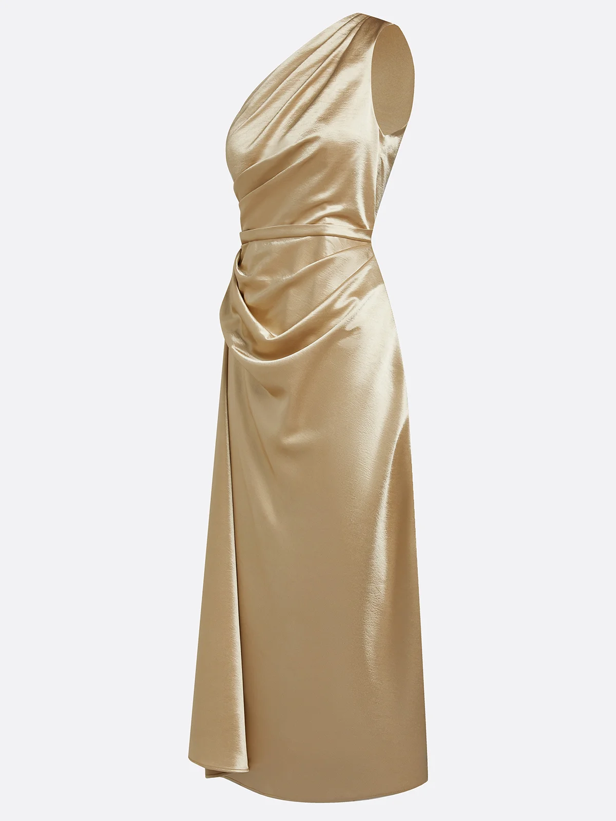Champagne One Shoulder Draped Satin Midi Dress