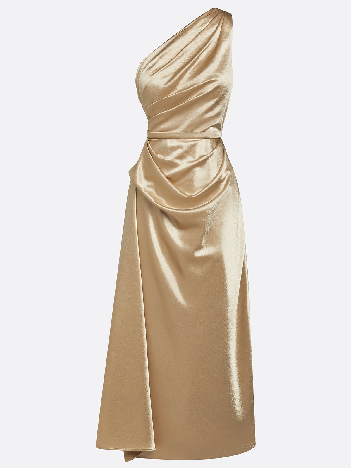 Champagne One Shoulder Draped Satin Midi Dress