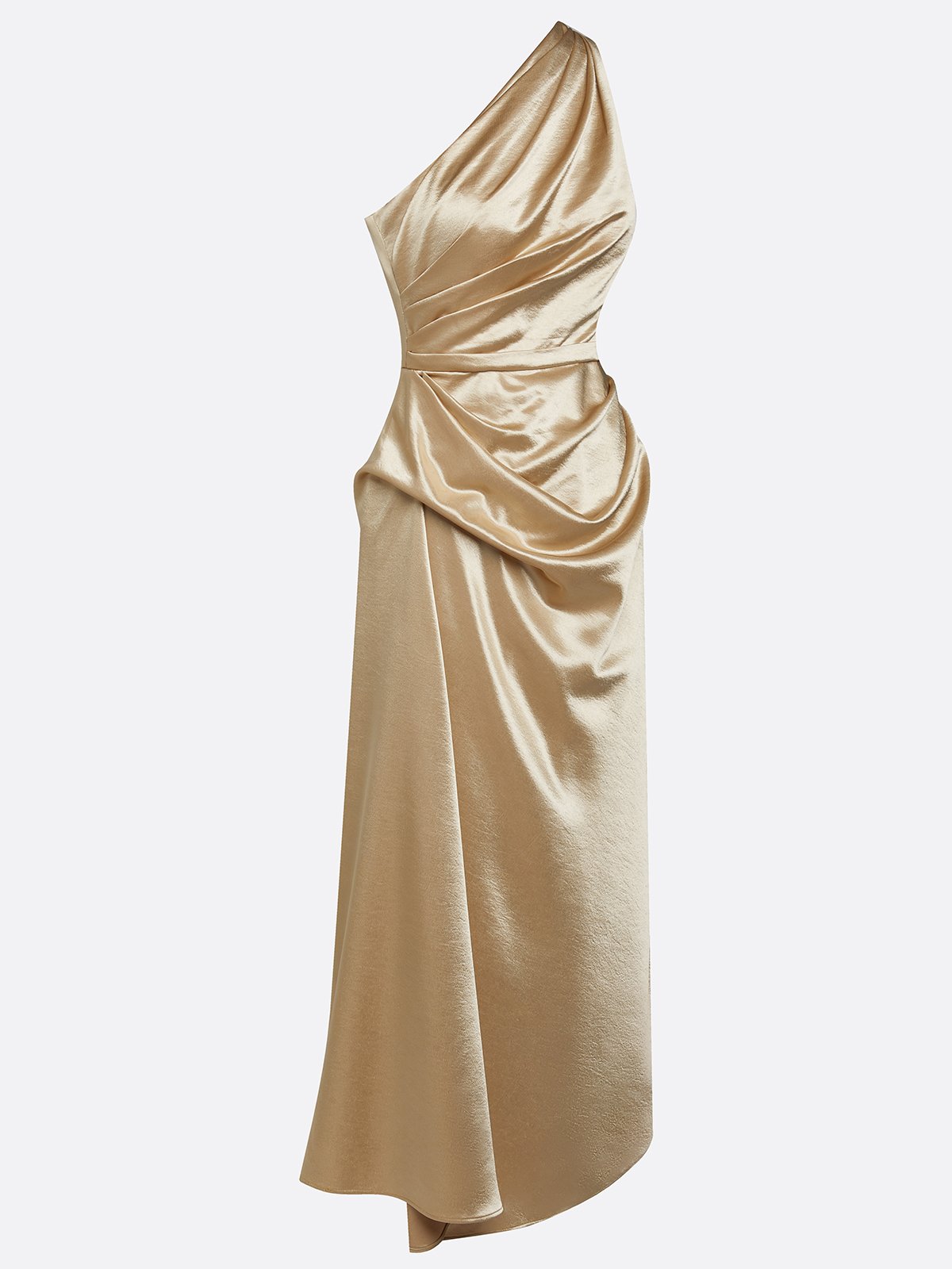 Champagne One Shoulder Draped Satin Midi Dress