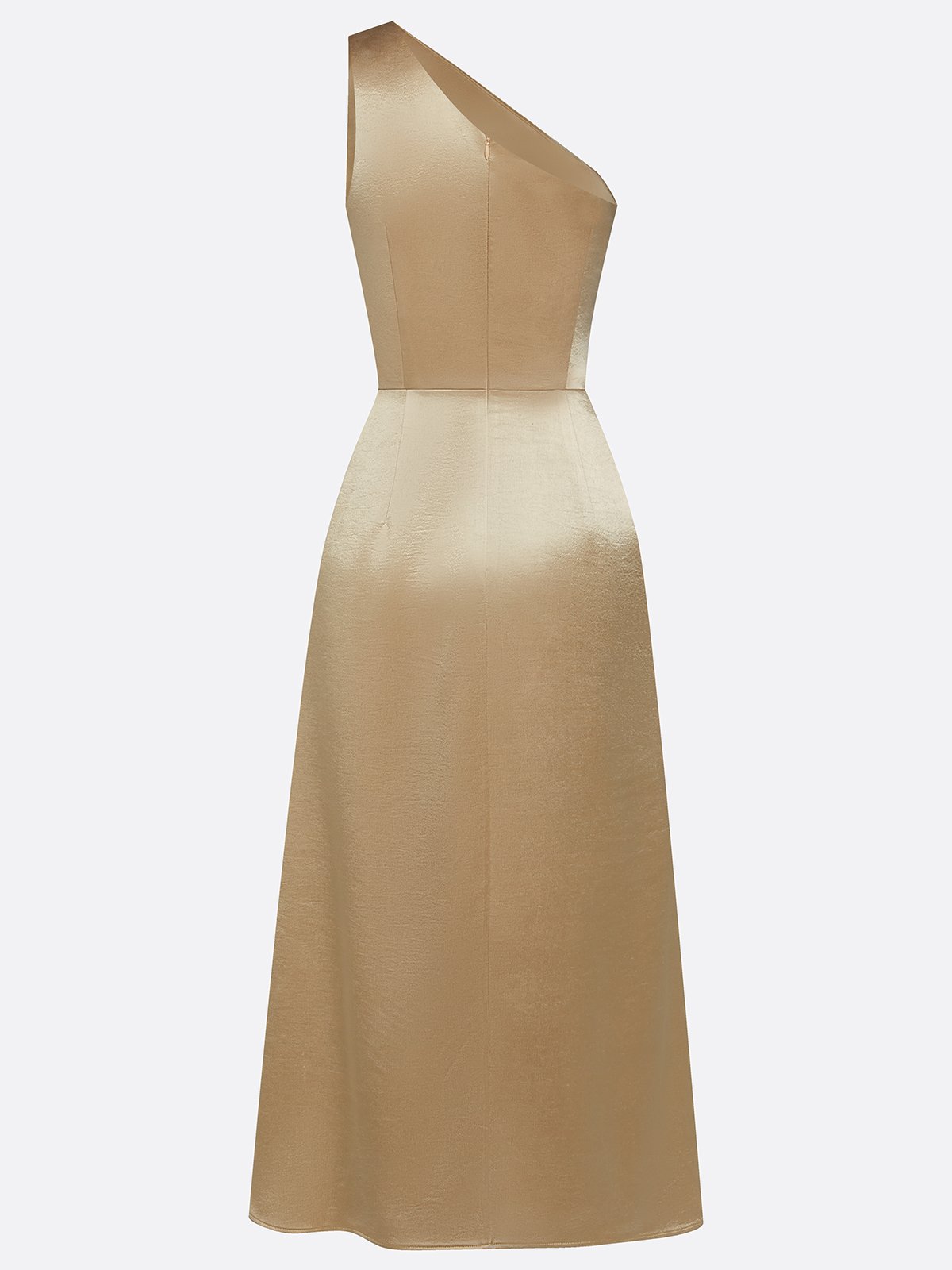 Champagne One Shoulder Draped Satin Midi Dress