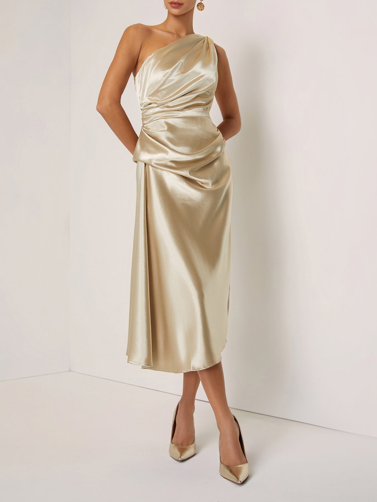 Champagne One Shoulder Draped Satin Midi Dress