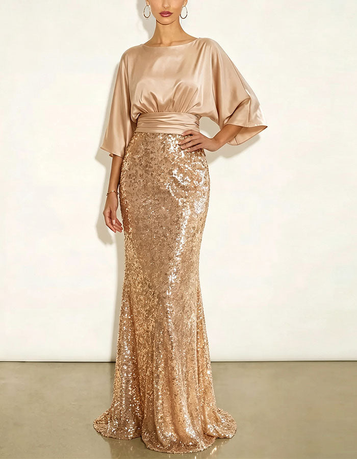 Champagne Satin Three Quarter Sleeve Elastic Waistband With Sequins Maxi Dress