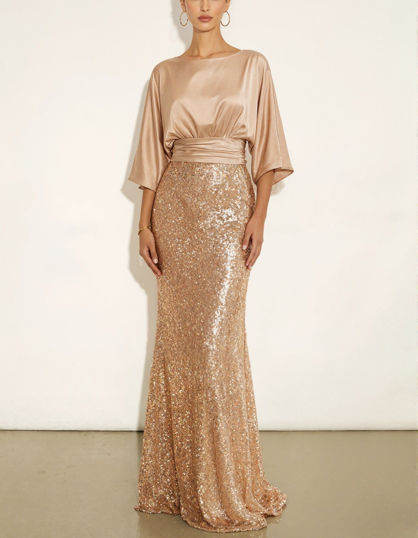 Champagne Satin Three Quarter Sleeve Elastic Waistband With Sequins Maxi Dress