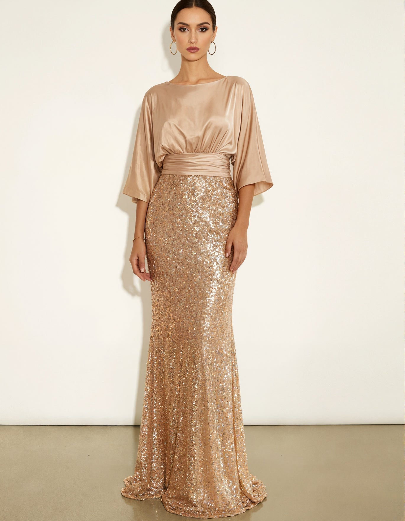 Champagne Satin Three Quarter Sleeve Elastic Waistband With Sequins Maxi Dress