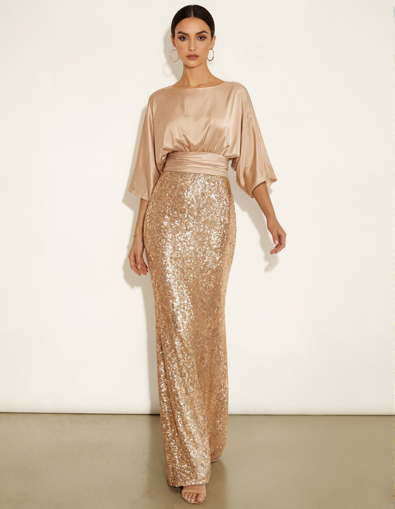 Champagne Satin Three Quarter Sleeve Elastic Waistband With Sequins Maxi Dress