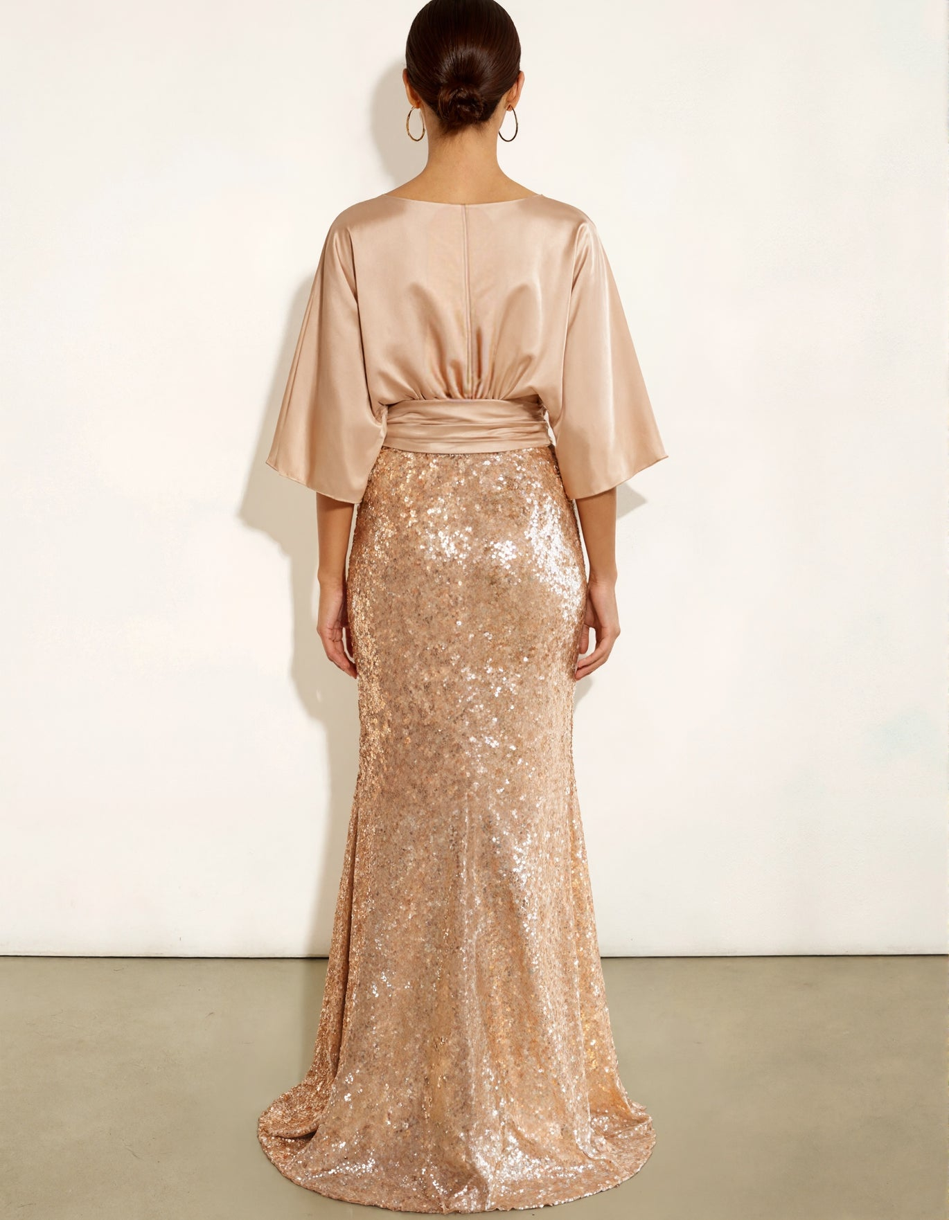 Champagne Satin Three Quarter Sleeve Elastic Waistband With Sequins Maxi Dress