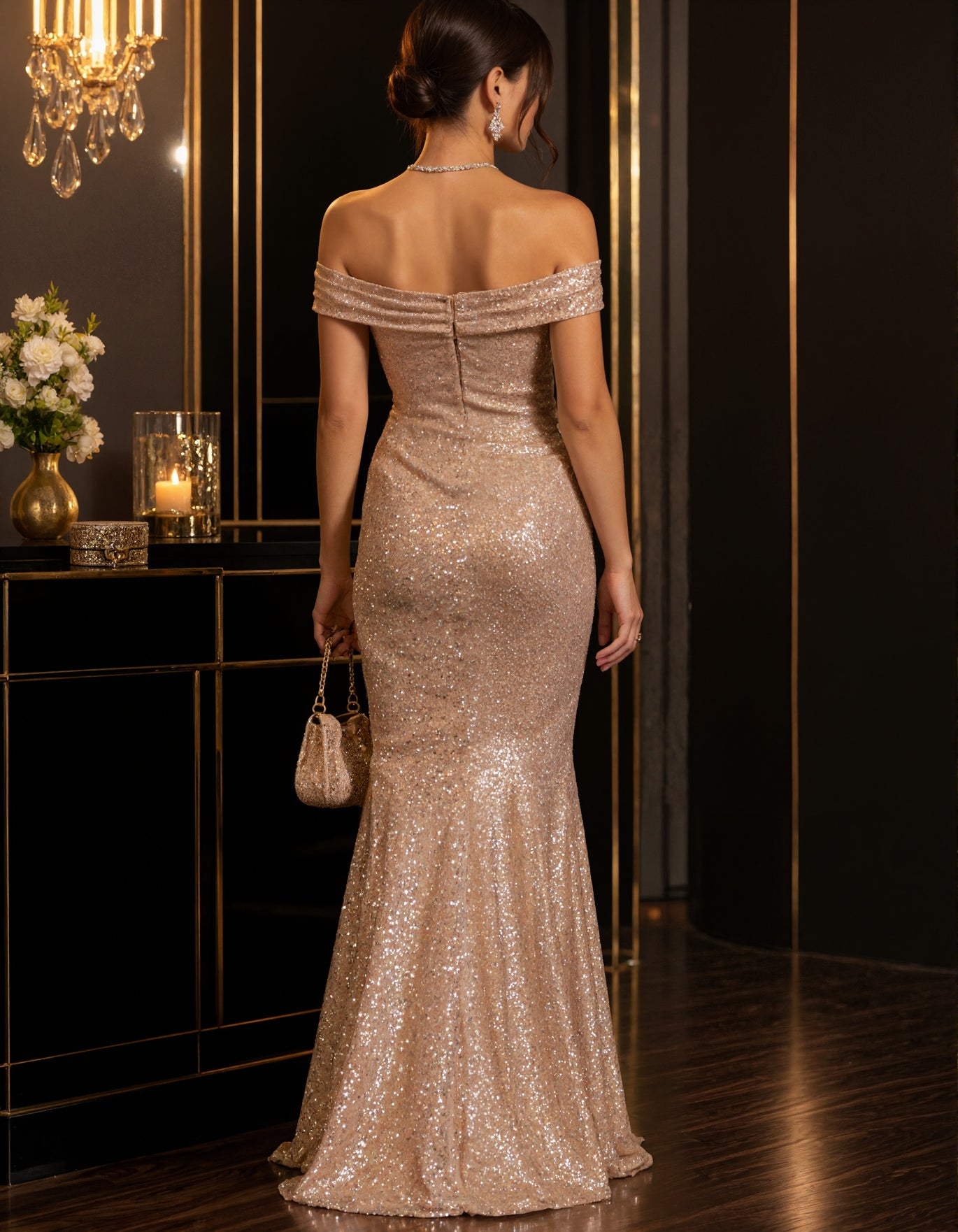 Champagne Sequined Off Shoulder Maxi Dress
