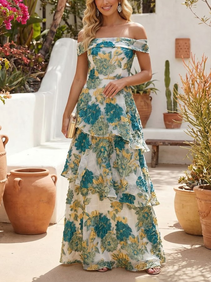 Jacquard A-Line Off Shoulder Formal Dresses with Floral