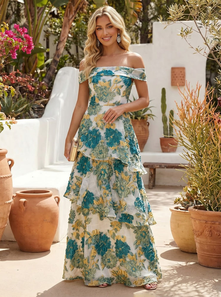 Jacquard A-Line Off Shoulder Formal Dresses with Floral