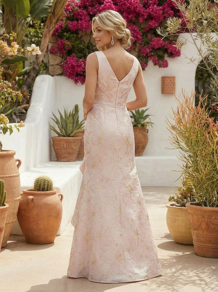 Pink Jacquard A-Line V Neck Formal Dresses with Ruffles