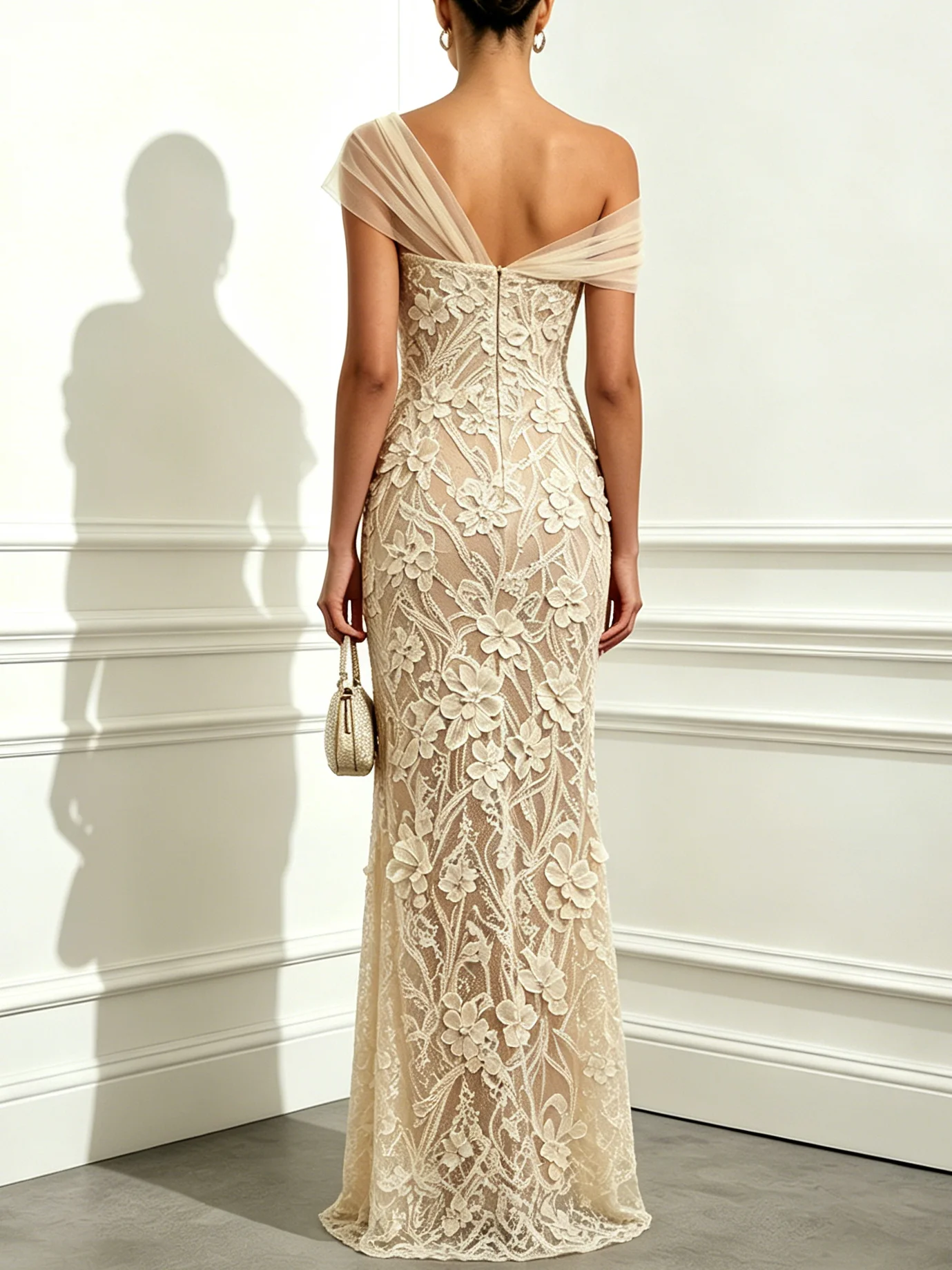 Beige 3D Floral Mesh Lace Asymmetrical Short Sleeve Mermaid Maxi Dress