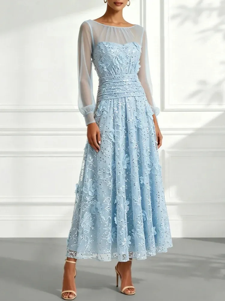 Light Blue 3D Floral Lace Boat Neck Long Sleeve Balloon Sleeve A-Line Maxi Dress