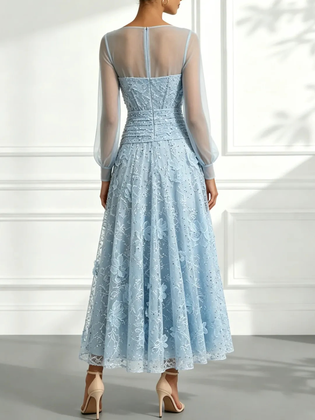 Light Blue 3D Floral Lace Boat Neck Long Sleeve Balloon Sleeve A-Line Maxi Dress