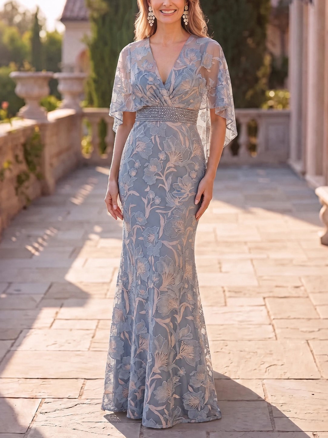 Mermaid Embroidery Cape Sleeves V-Neck Sash Maxi Dress