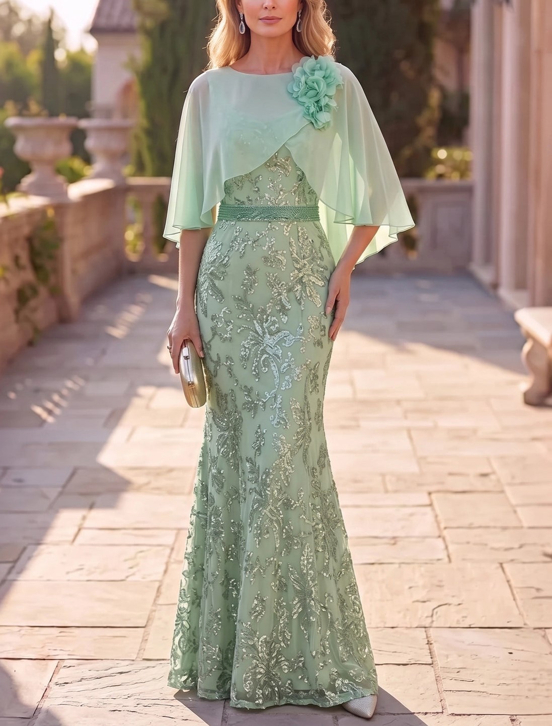 Mermaid Chiffon Sequined Cape Sleeves Bateau Neck Sash Maxi Dress