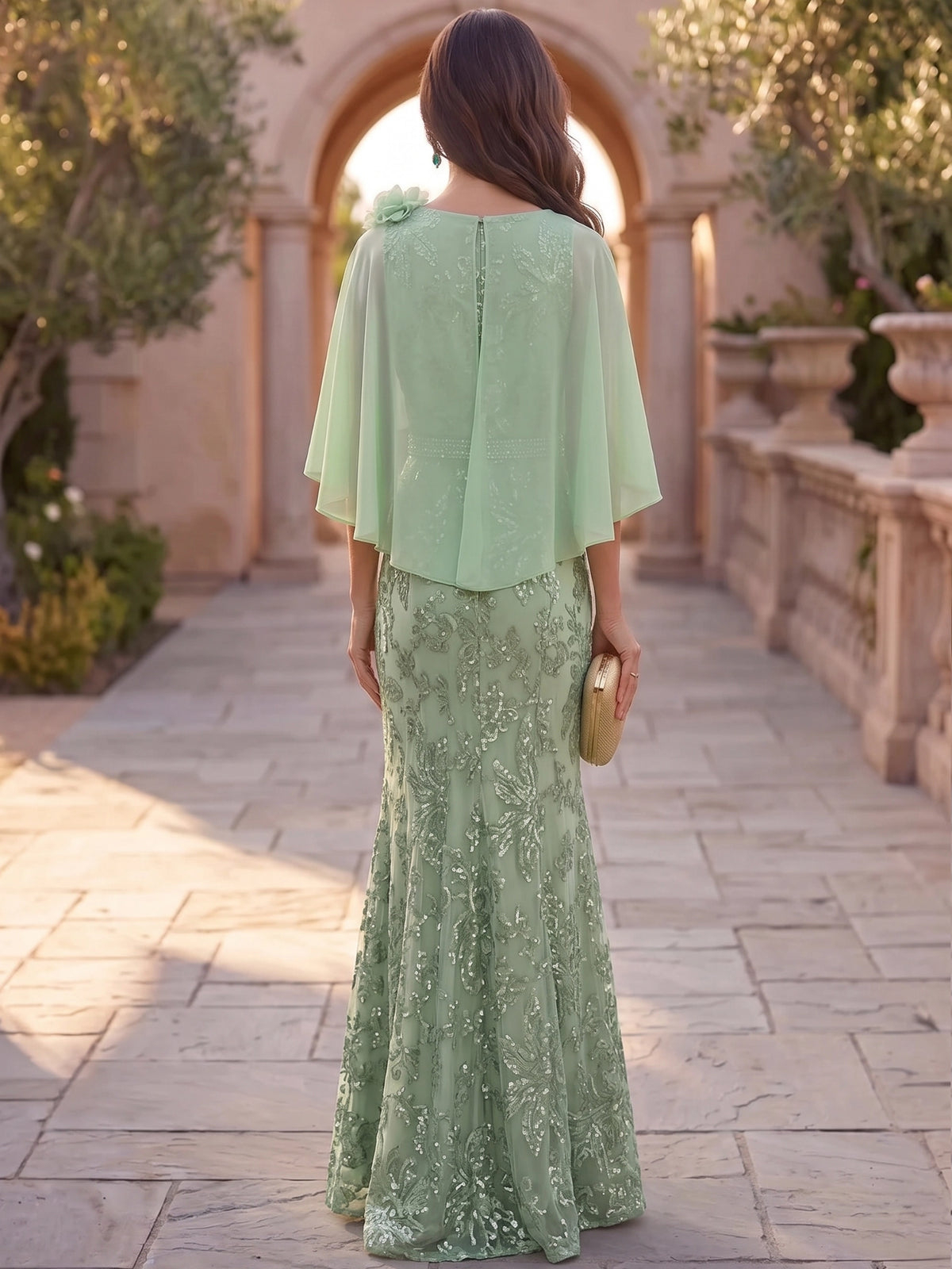 Mermaid Chiffon Sequined Cape Sleeves Bateau Neck Sash Maxi Dress