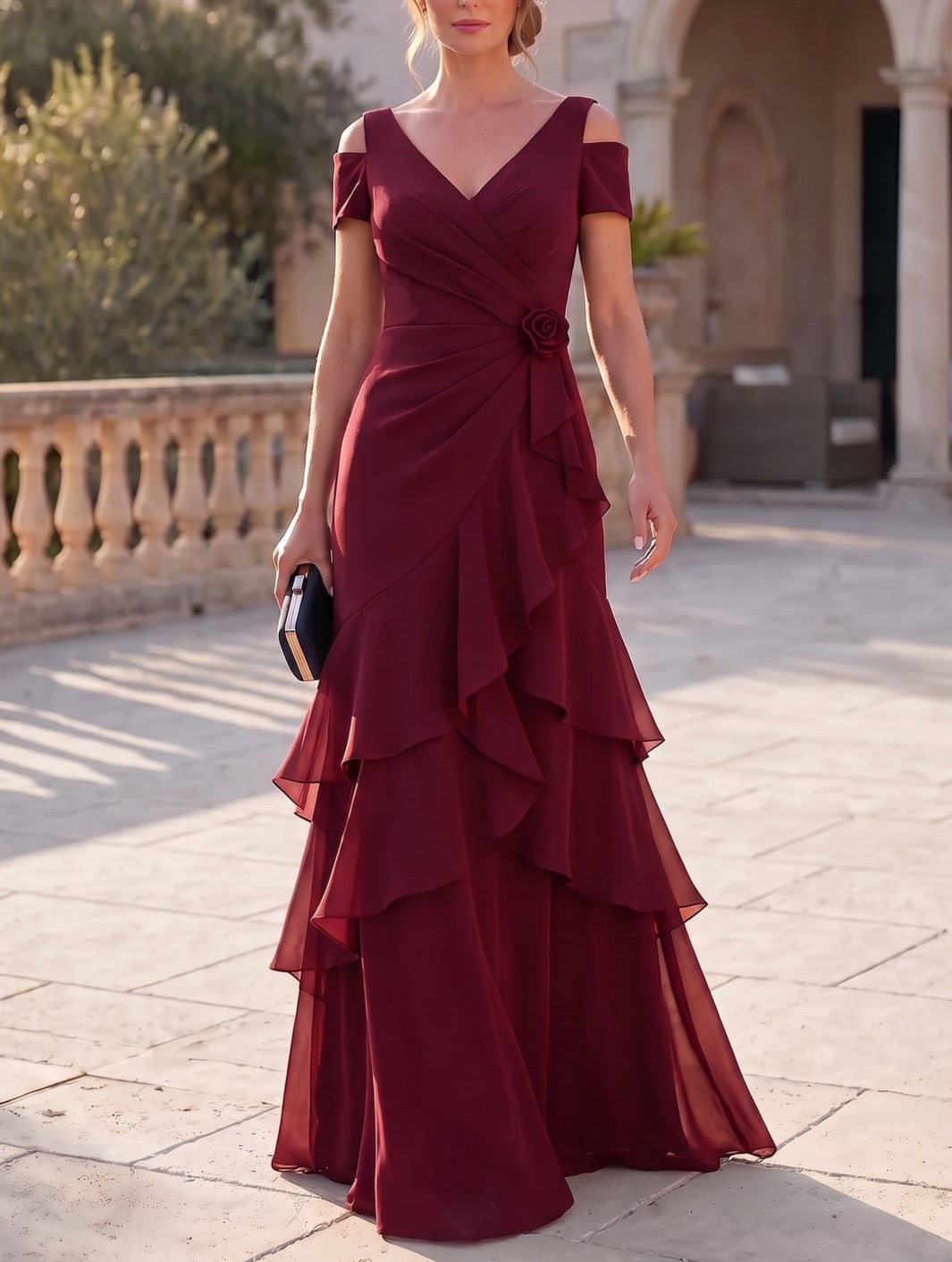 Burgundy A-Line Short Sleeves V-Neck Tiered Ruffles Ruched 3D Flower Maxi Dress