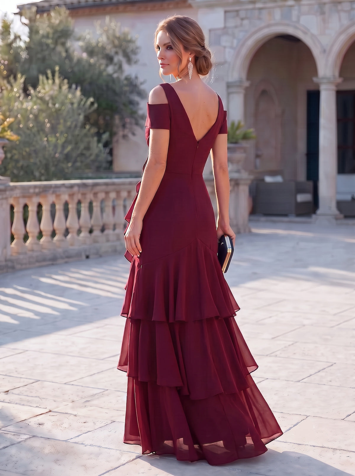 Burgundy A-Line Short Sleeves V-Neck Tiered Ruffles Ruched 3D Flower Maxi Dress