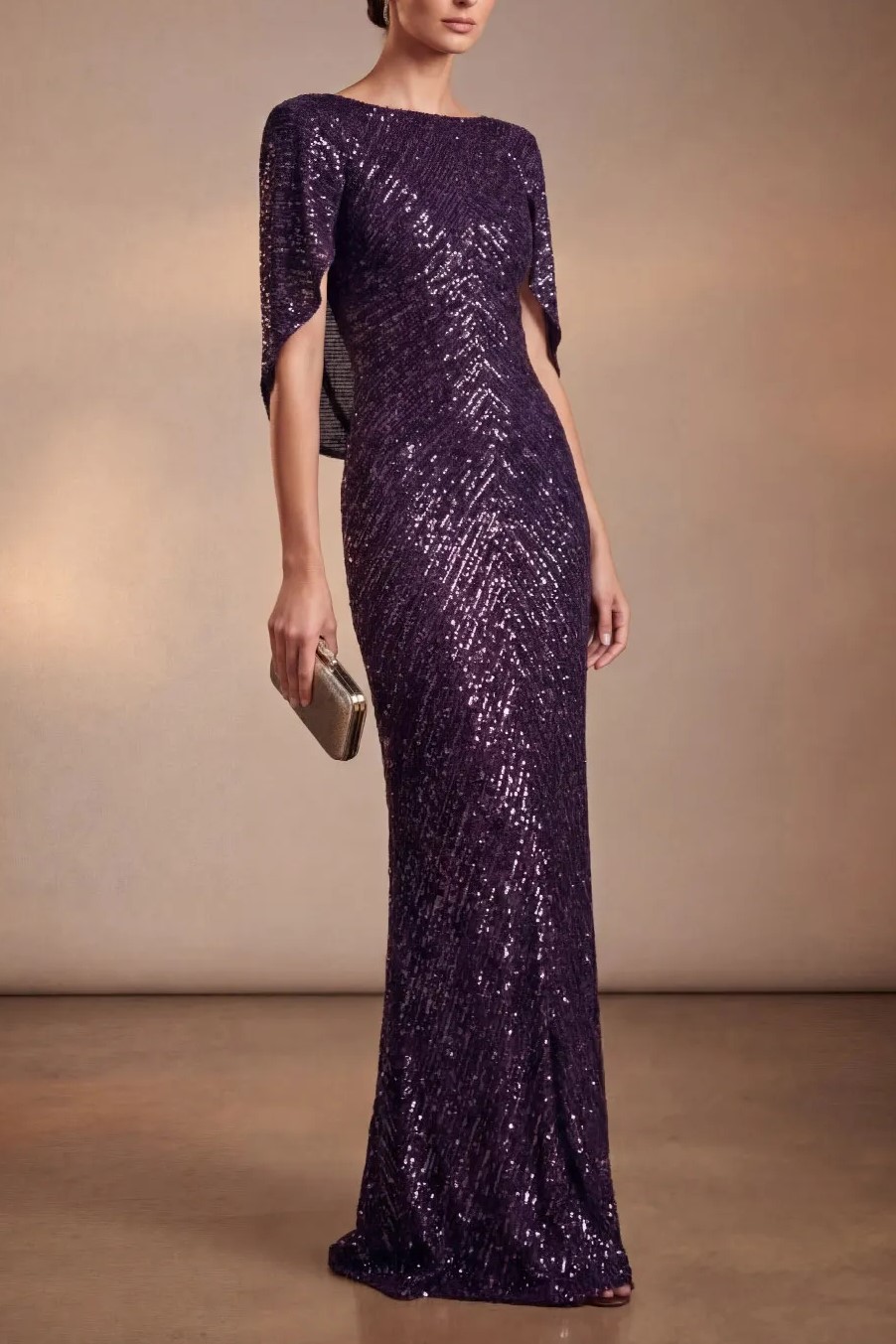 Dark Purple Boat Neck Sequin Cape Maxi Evening Dress