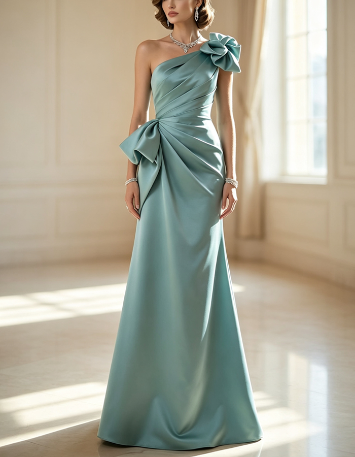 Dusty Blue One Shoulder Bow Satin Mermaid Maxi Dress