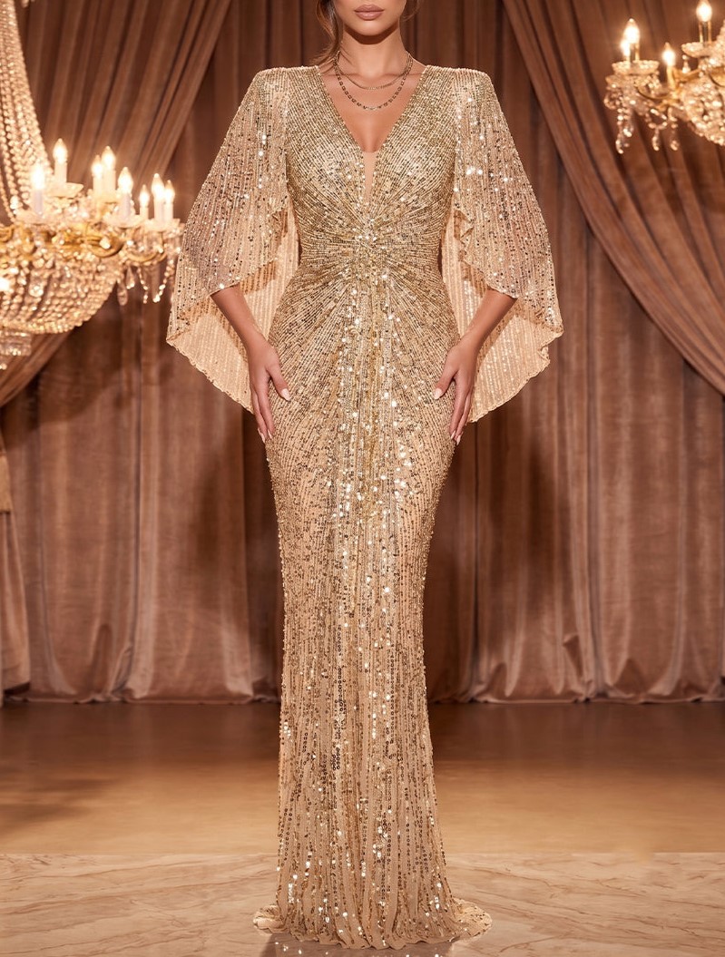 Gold Sequined V Neck Flare Sleeve Mermaid Maxi Dress