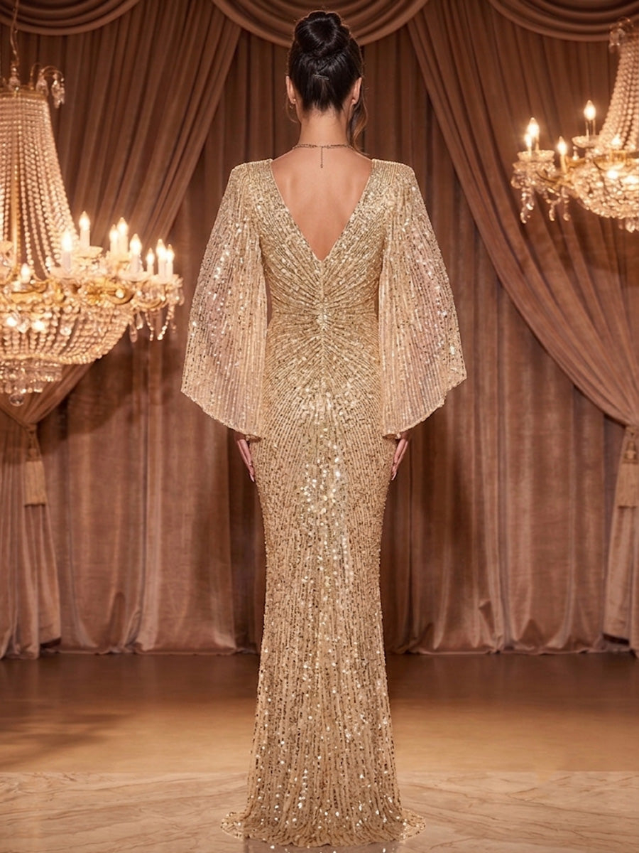 Gold Sequined V Neck Flare Sleeve Mermaid Maxi Dress