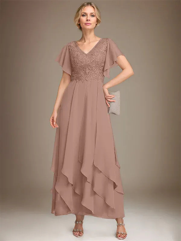 A-line V-Neck Ankle-Length Lace Chiffon Mother of the Bride Dress With Cascading Ruffles