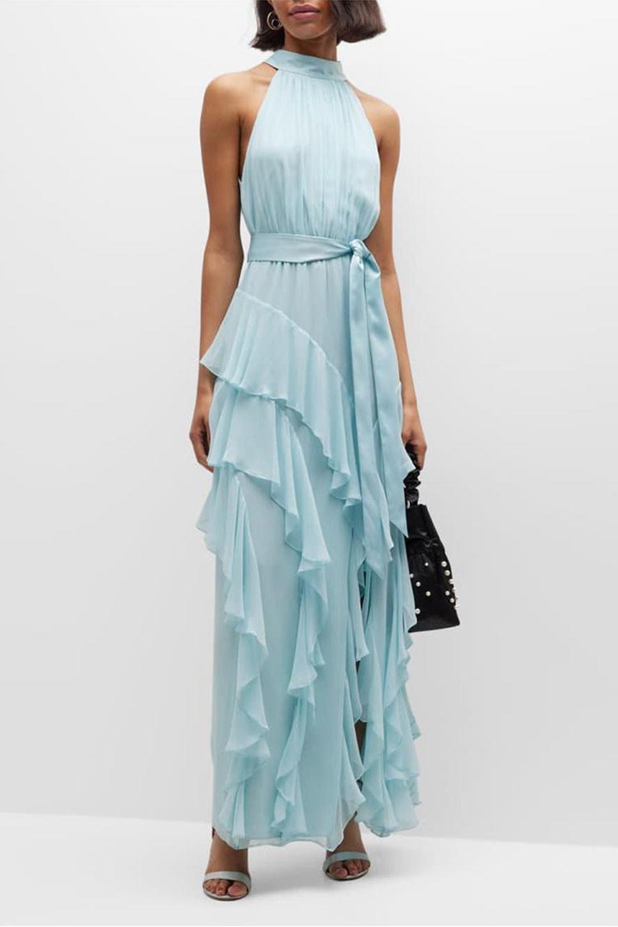Chiffon Sleeveless Frill Split Midi Dress With Belt
