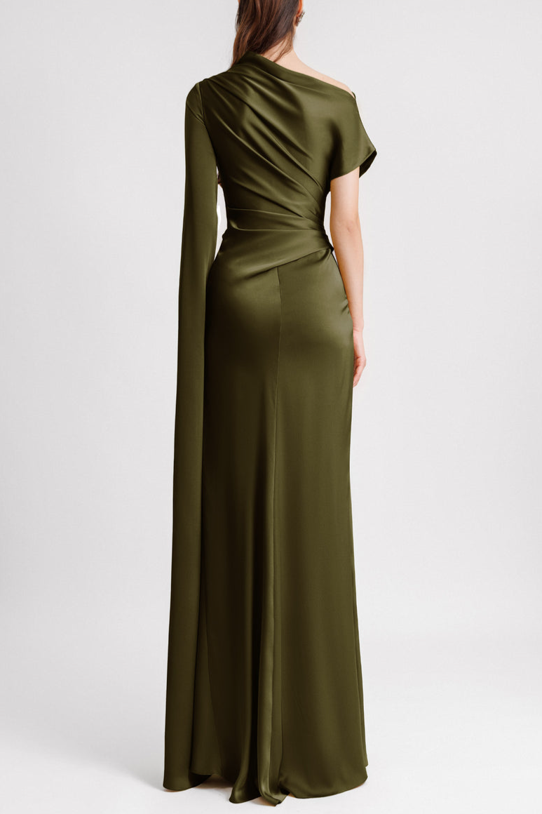 Satin Asymmetrical Neckline Draped Maxi Dress