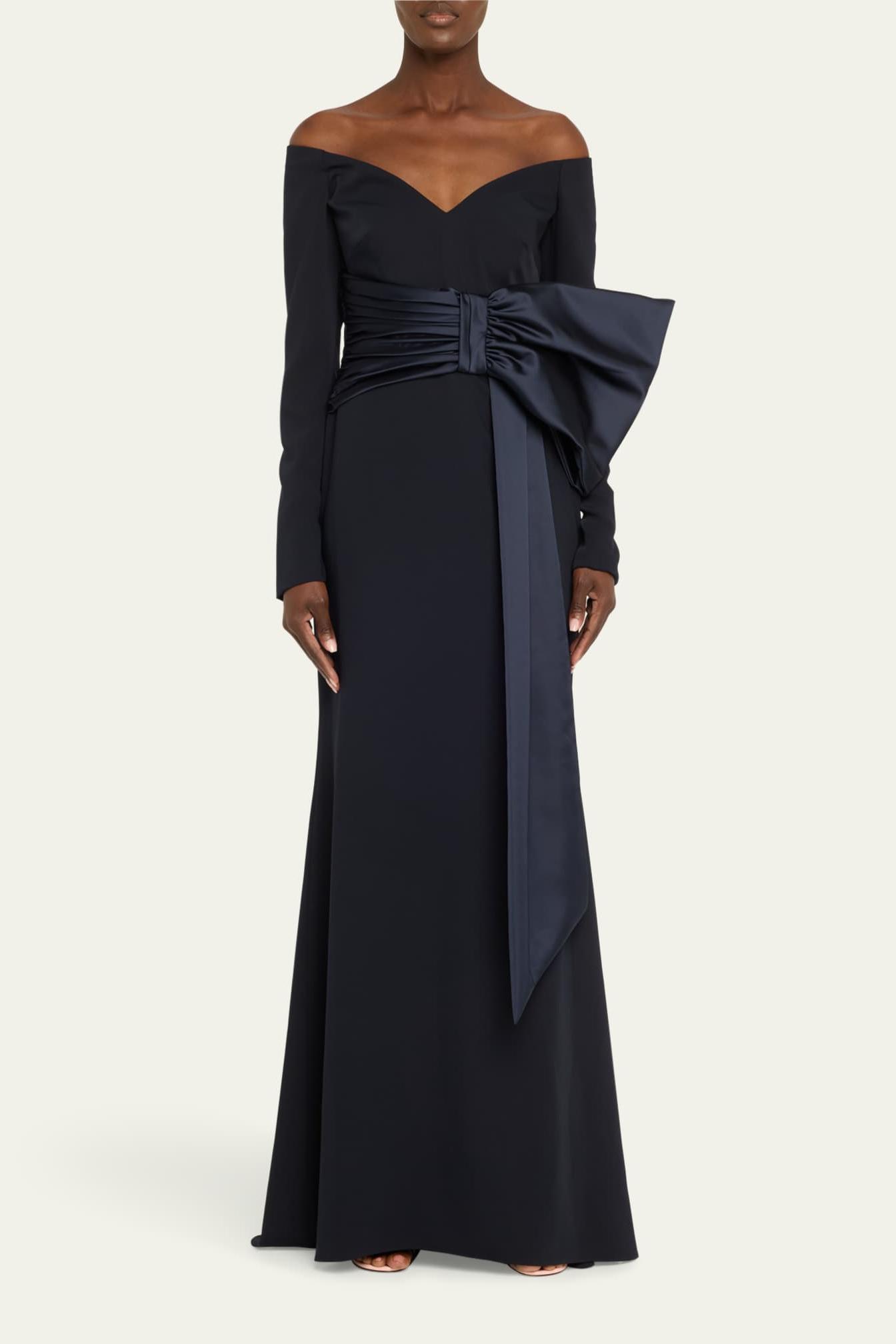 Solid Bow Long Sleeve Off-Shoulder Maxi Dress