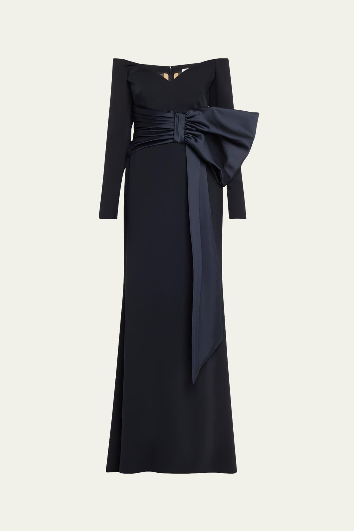 Solid Bow Long Sleeve Off-Shoulder Maxi Dress