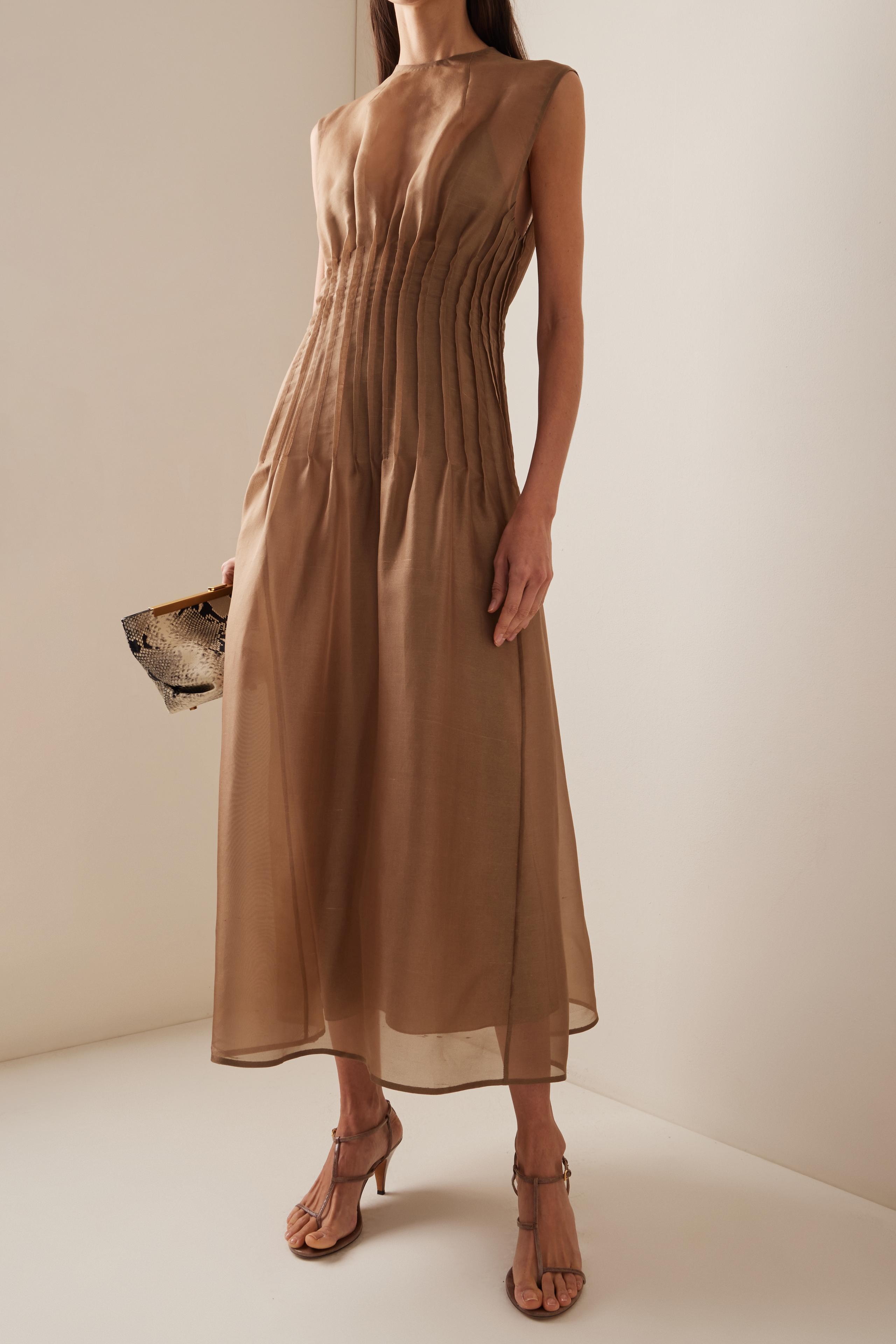 Toothpick Pleat Round Neck Sleeveless Midi Dress