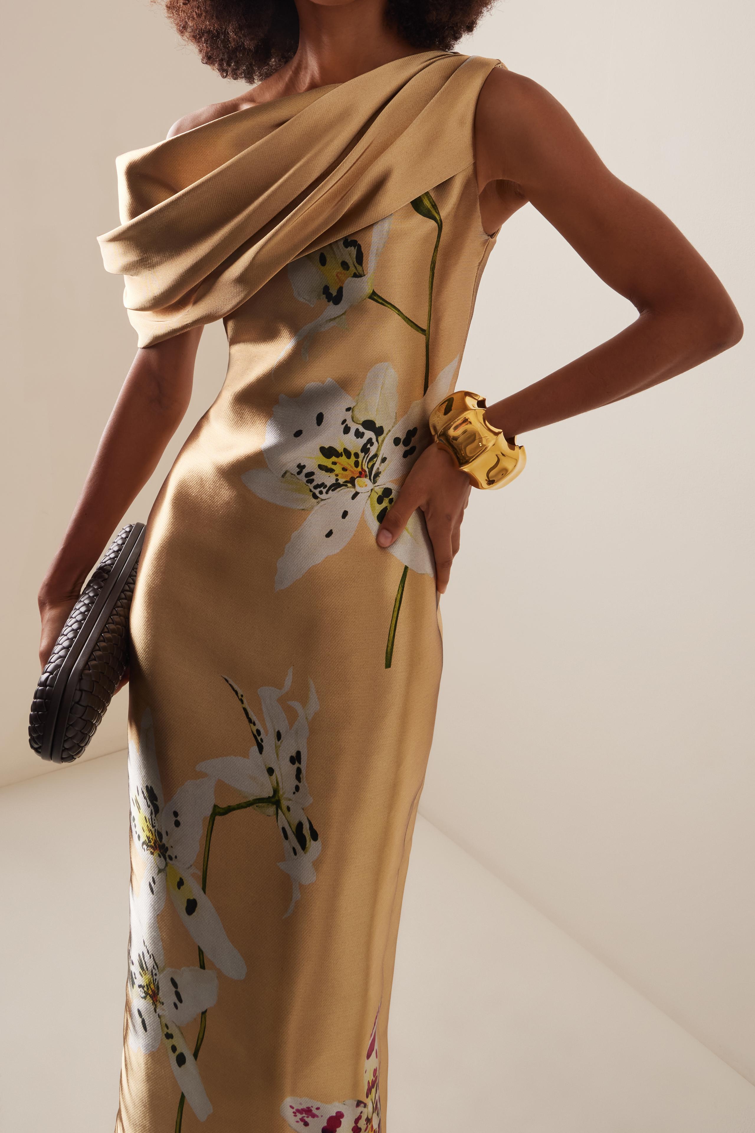 Satin Asymmetrical Neck Floral Maxi Dress