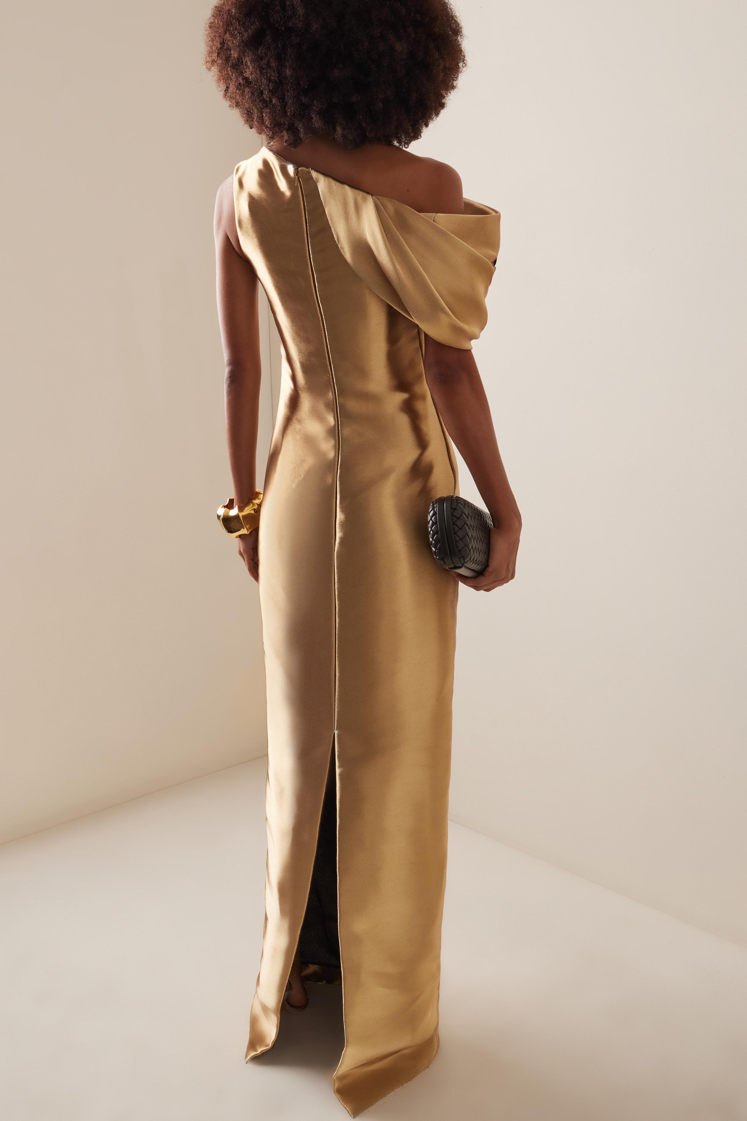 Satin Asymmetrical Neck Floral Maxi Dress