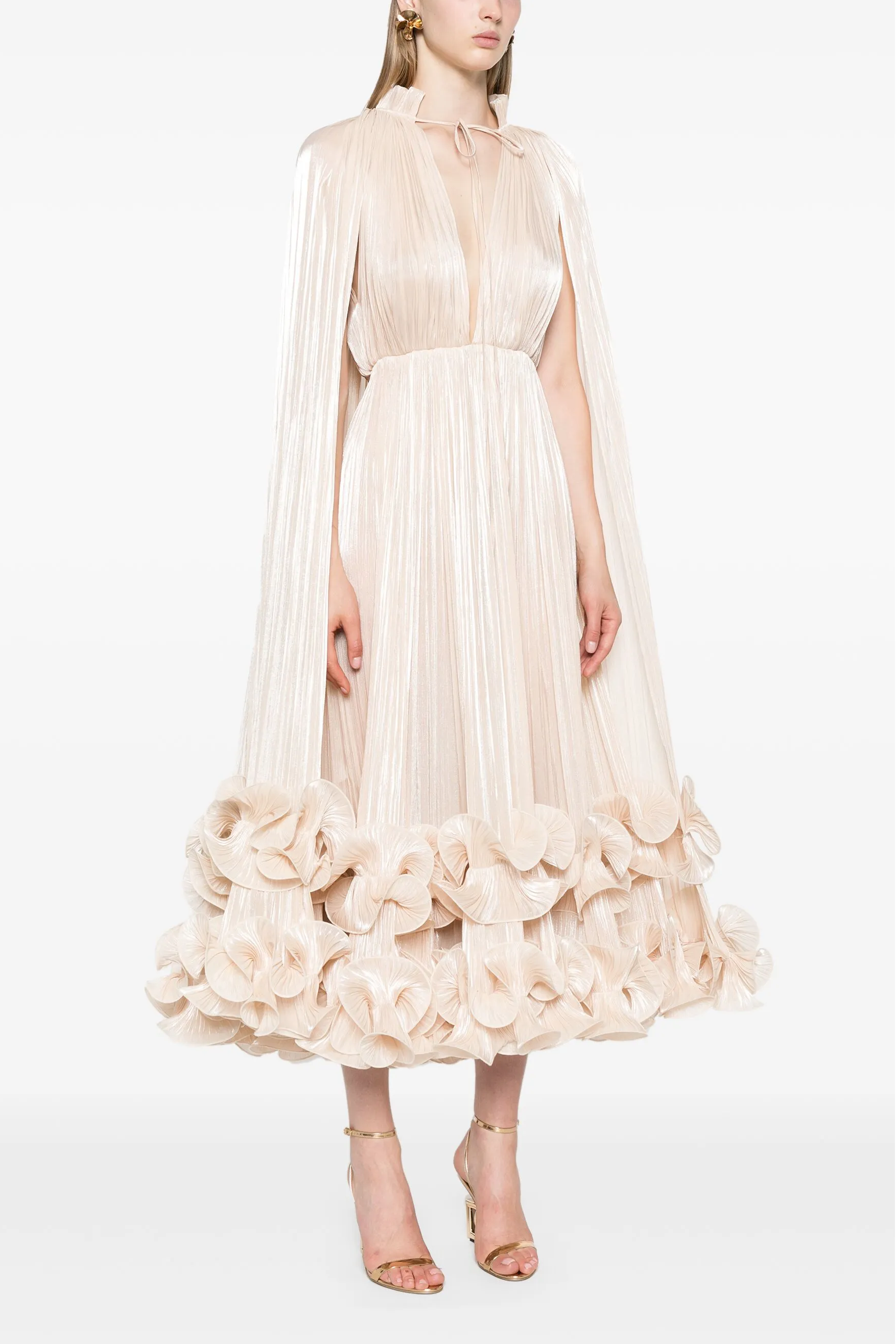 Satin Deep V-Neck Cape Sleeve Midi Dress