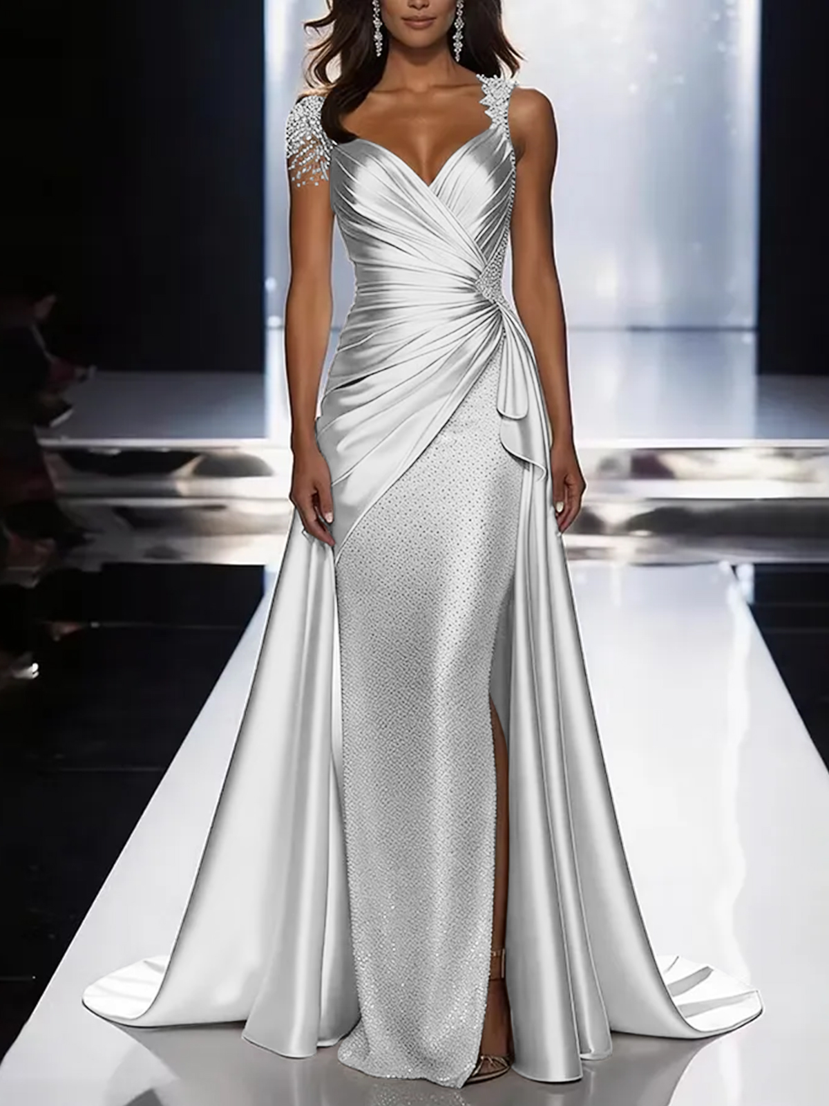 Silver Grey Deep V-Neck Draped Satin Metallic Mermaid Maxi Dress