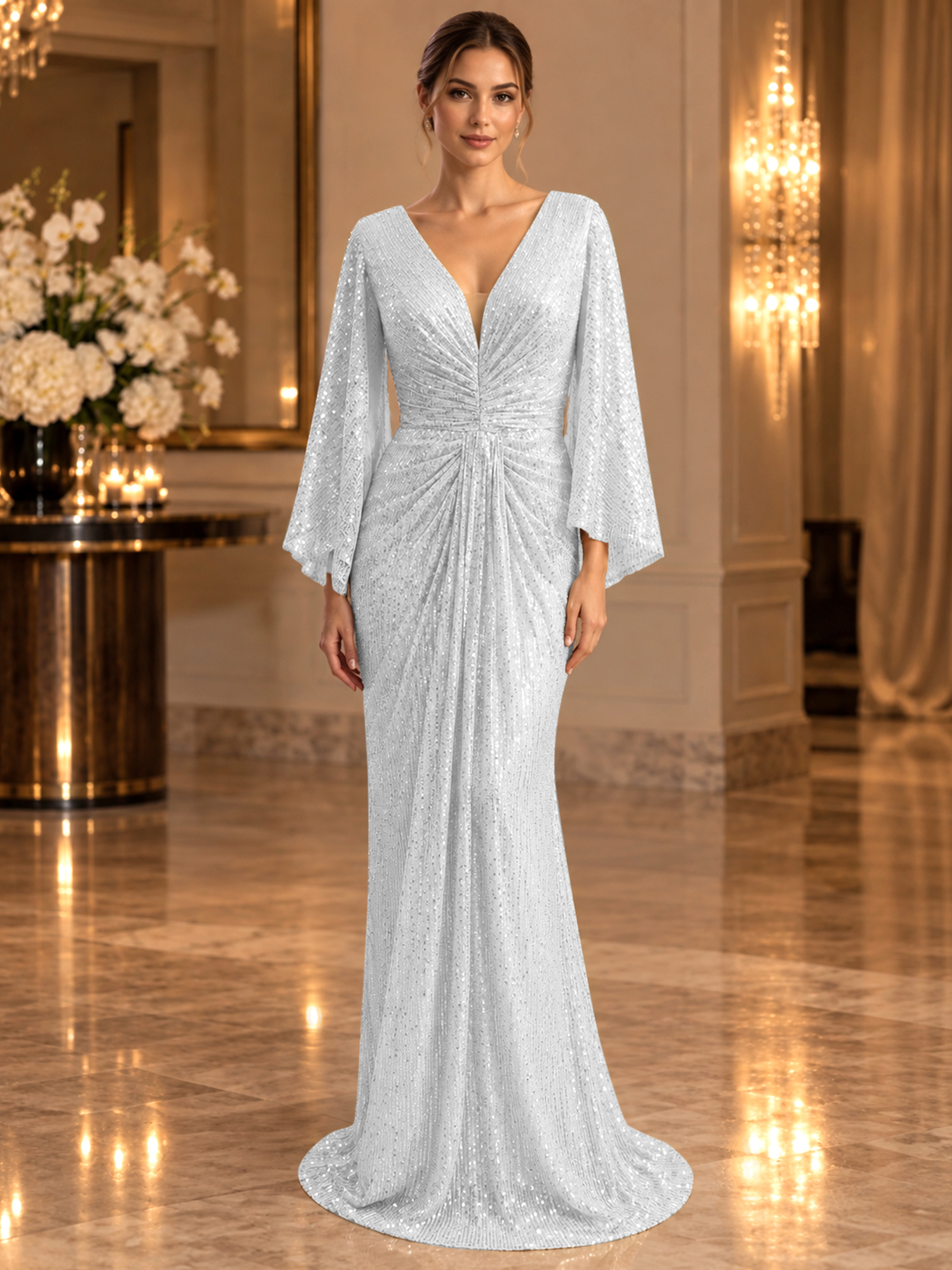 Gold Sequined V Neck Flare Sleeve Mermaid Maxi Dress