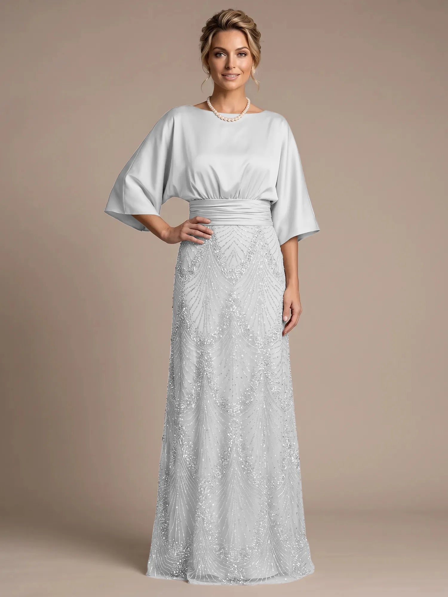 Champagne Bateau Neck Satin 3/4 Batwing Sleeves Maxi Dress