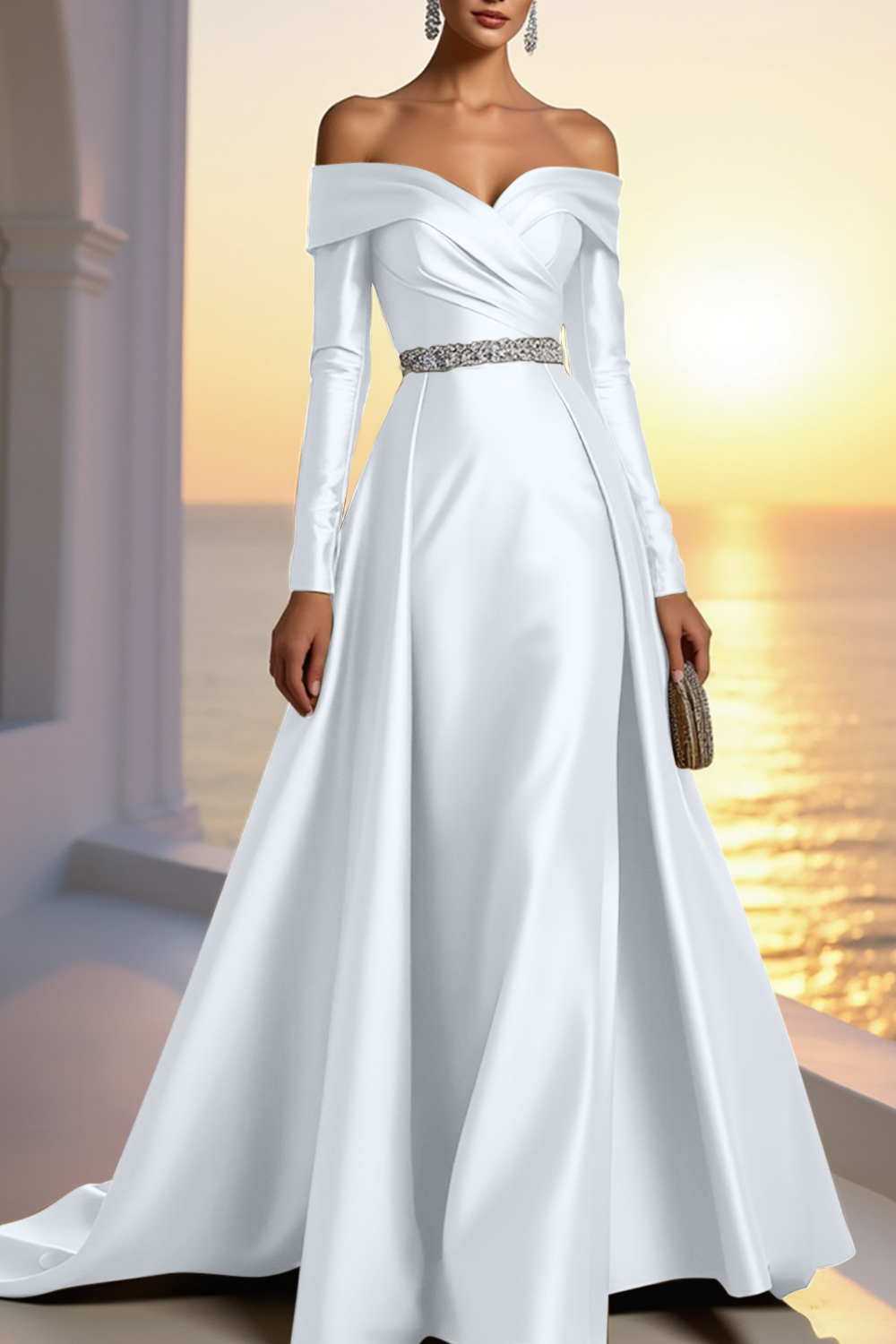 Formal Gold Satin Dress Off The Shoulder Long Sleeve Maxi Gown